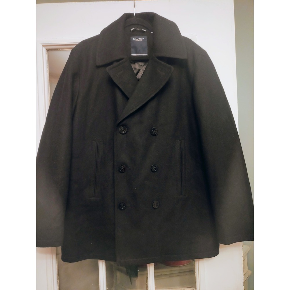 Nautica Men's L Black Wool Blend Double Breasted Peacoat Winter Coat